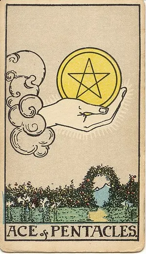 Ace of Pentacles tarot card from the 1909 Rider–Waite–Smith deck