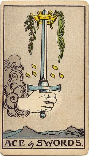 Ace of Swords tarot card from the 1909 Rider–Waite–Smith deck