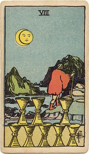 Eight of Cups tarot card from the 1909 Rider–Waite–Smith deck