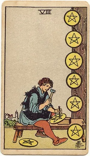 Eight of Pentacles tarot card from the 1909 Rider–Waite–Smith deck