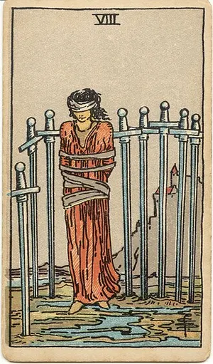 Eight of Swords tarot card from the 1909 Rider–Waite–Smith deck