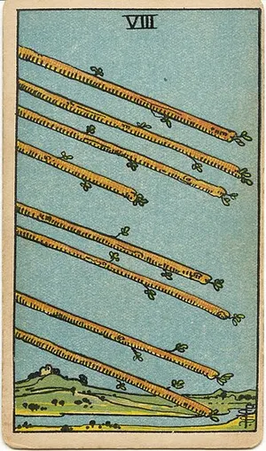 Eight of Wands tarot card from the 1909 Rider–Waite–Smith deck