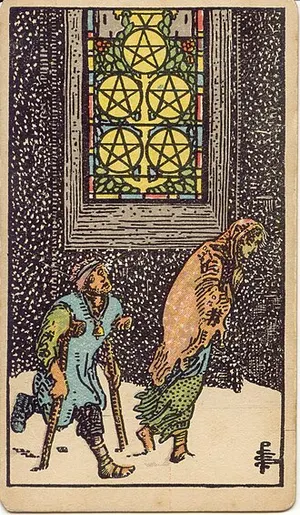 Five of Pentacles tarot card from the 1909 Rider–Waite–Smith deck