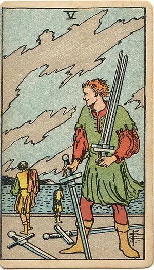 Five of Swords tarot card from the 1909 Rider–Waite–Smith deck