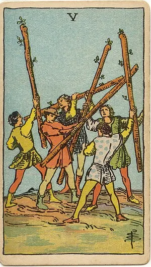 Five of Wands tarot card from the 1909 Rider–Waite–Smith deck