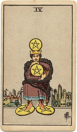 Four of Pentacles tarot card from the 1909 Rider–Waite–Smith deck