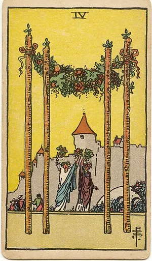 Four of Wands tarot card from the 1909 Rider–Waite–Smith deck