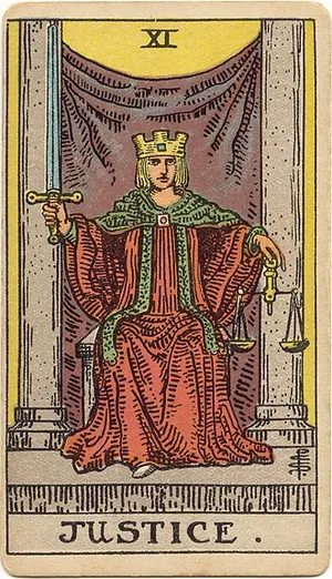 Justice tarot card from the 1909 Rider–Waite–Smith deck