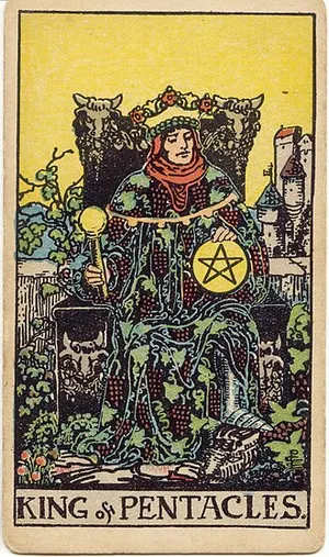 King of Pentacles tarot card from the 1909 Rider–Waite–Smith deck