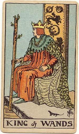 King of Wands tarot card from the 1909 Rider–Waite–Smith deck