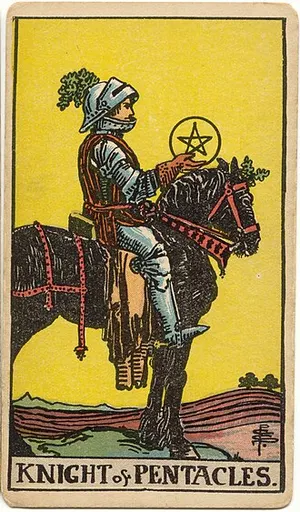 Knight of Pentacles tarot card from the 1909 Rider–Waite–Smith deck