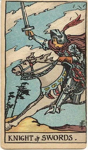 Knight of Swords tarot card from the 1909 Rider–Waite–Smith deck