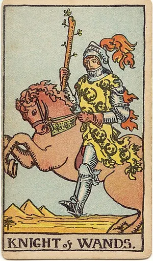 Knight of Wands tarot card from the 1909 Rider–Waite–Smith deck