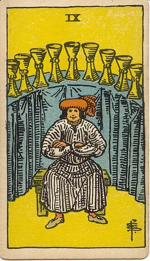 Nine of Cups tarot card from the 1909 Rider–Waite–Smith deck