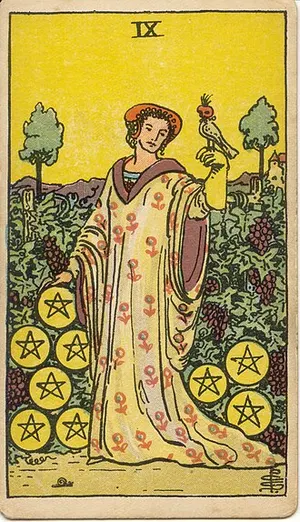 Nine of Pentacles tarot card from the 1909 Rider–Waite–Smith deck