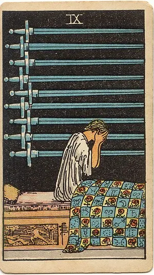 Nine of Swords tarot card from the 1909 Rider–Waite–Smith deck