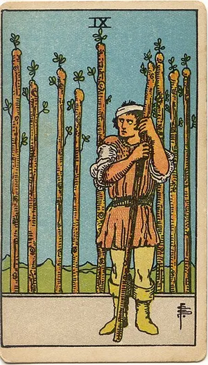 Nine of Wands tarot card from the 1909 Rider–Waite–Smith deck