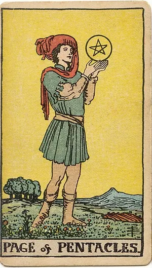 Page of Pentacles tarot card from the 1909 Rider–Waite–Smith deck