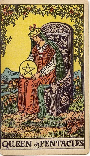 Queen of Pentacles tarot card from the 1909 Rider–Waite–Smith deck