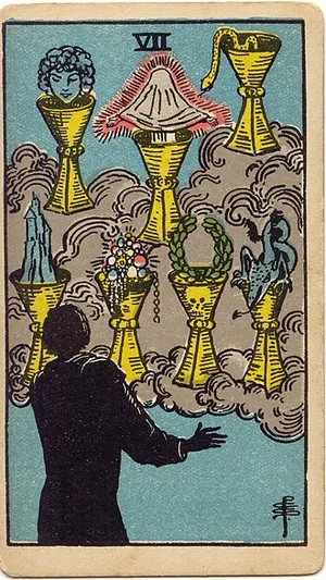 Seven of Cups tarot card from the 1909 Rider–Waite–Smith deck