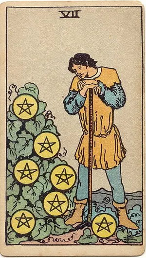 Seven of Pentacles tarot card from the 1909 Rider–Waite–Smith deck