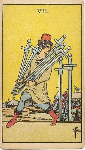 Seven of Swords tarot card from the 1909 Rider–Waite–Smith deck