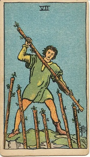 Seven of Wands tarot card from the 1909 Rider–Waite–Smith deck