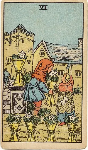 Six of Cups tarot card from the 1909 Rider–Waite–Smith deck