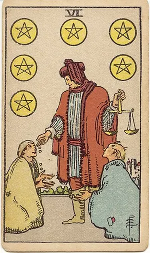 Six of Pentacles tarot card from the 1909 Rider–Waite–Smith deck