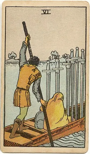 Six of Swords tarot card from the 1909 Rider–Waite–Smith deck