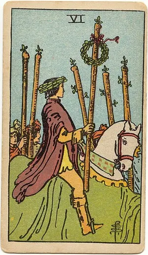 Six of Wands tarot card from the 1909 Rider–Waite–Smith deck