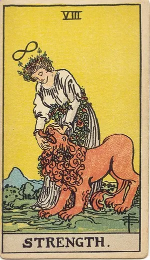 Strength tarot card from the 1909 Rider–Waite–Smith deck