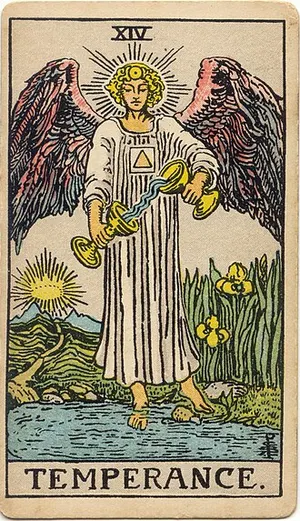 Temperance tarot card from the 1909 Rider–Waite–Smith deck