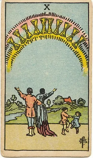 Ten of Cups tarot card from the 1909 Rider–Waite–Smith deck