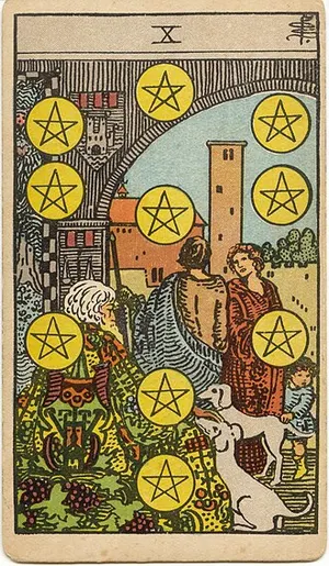Ten of Pentacles tarot card from the 1909 Rider–Waite–Smith deck