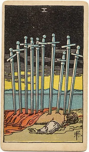 Ten of Swords tarot card from the 1909 Rider–Waite–Smith deck