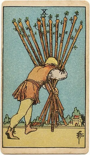 Ten of Wands tarot card from the 1909 Rider–Waite–Smith deck