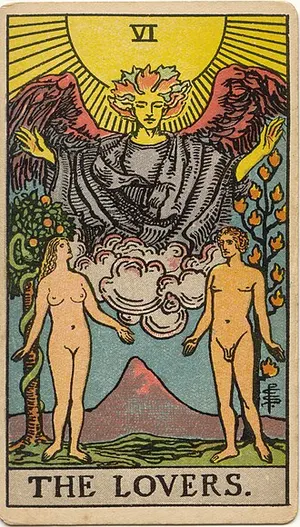 The Lovers tarot card from the 1909 Rider–Waite–Smith deck