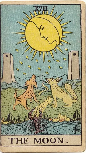 The Moon tarot card from the 1909 Rider–Waite–Smith deck