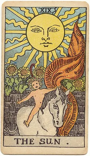 The Sun tarot card from the 1909 Rider–Waite–Smith deck