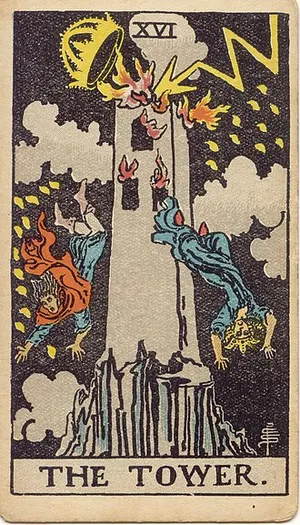 The Tower tarot card from the 1909 Rider–Waite–Smith deck