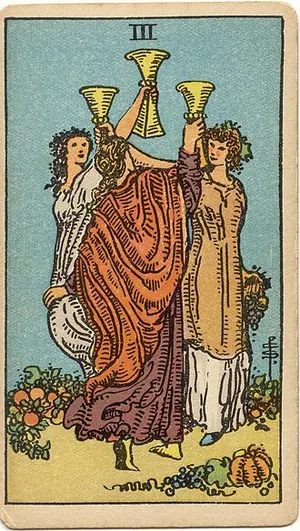 Three of Cups tarot card from the 1909 Rider–Waite–Smith deck