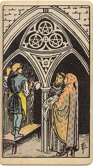Three of Pentacles tarot card from the 1909 Rider–Waite–Smith deck