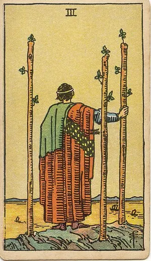 Three of Wands tarot card from the 1909 Rider–Waite–Smith deck