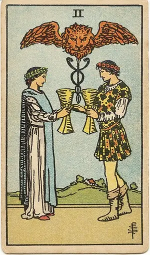 Two of Cups tarot card from the 1909 Rider–Waite–Smith deck