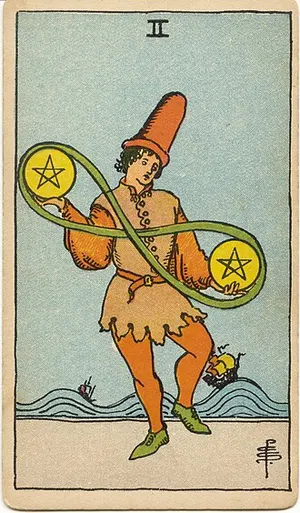 Two of Pentacles tarot card from the 1909 Rider–Waite–Smith deck