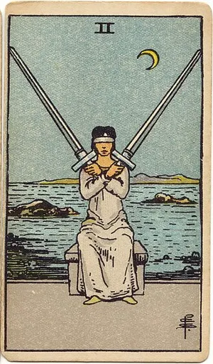 Two of Swords tarot card from the 1909 Rider–Waite–Smith deck