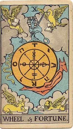 Wheel of Fortune tarot card from the 1909 Rider–Waite–Smith deck